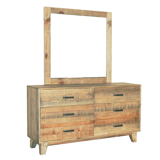 Woodland Dresser Solid Timber Light Brown 6 Drawers In Rustic Texture with Mirror