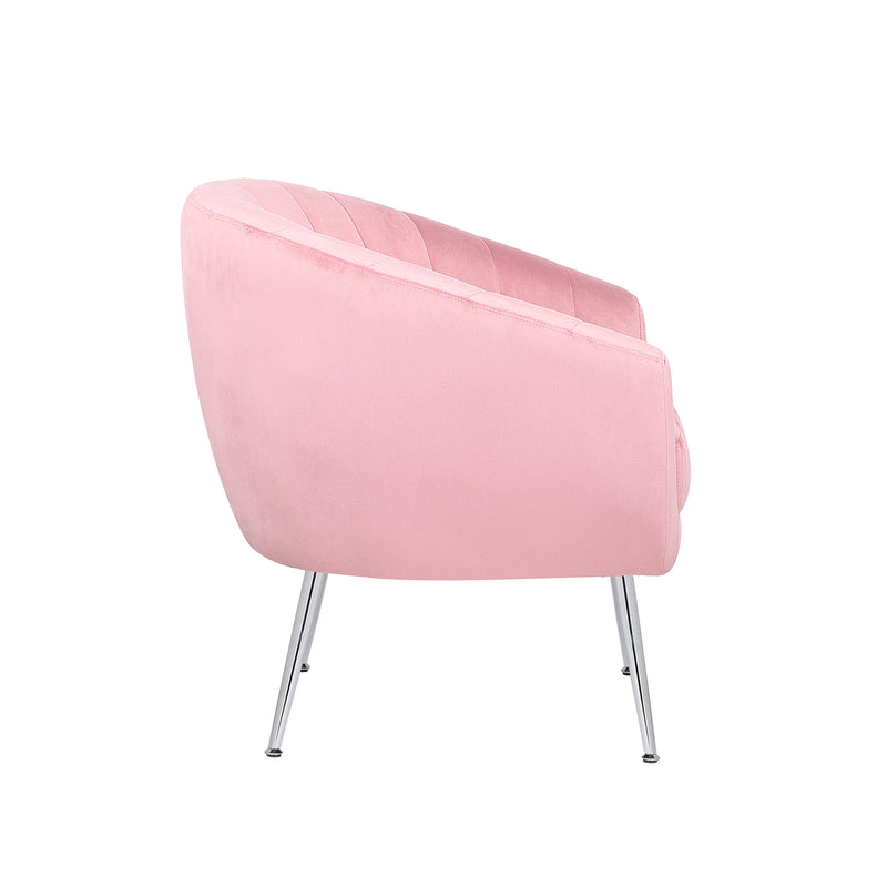 Margo Arm Chair Light Pink Velvet Wooden Frame Iron Legs in Silver Colour