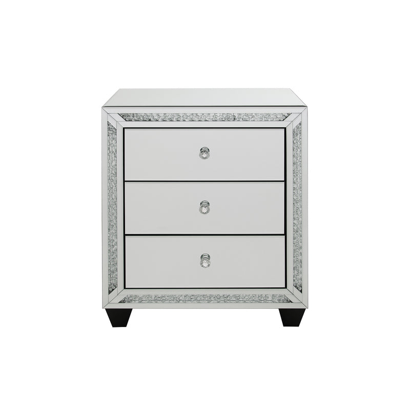 Aurora Bed Side Table Silver Colour MDF Mirror Crystal Beads 3 Drawers Round Handles