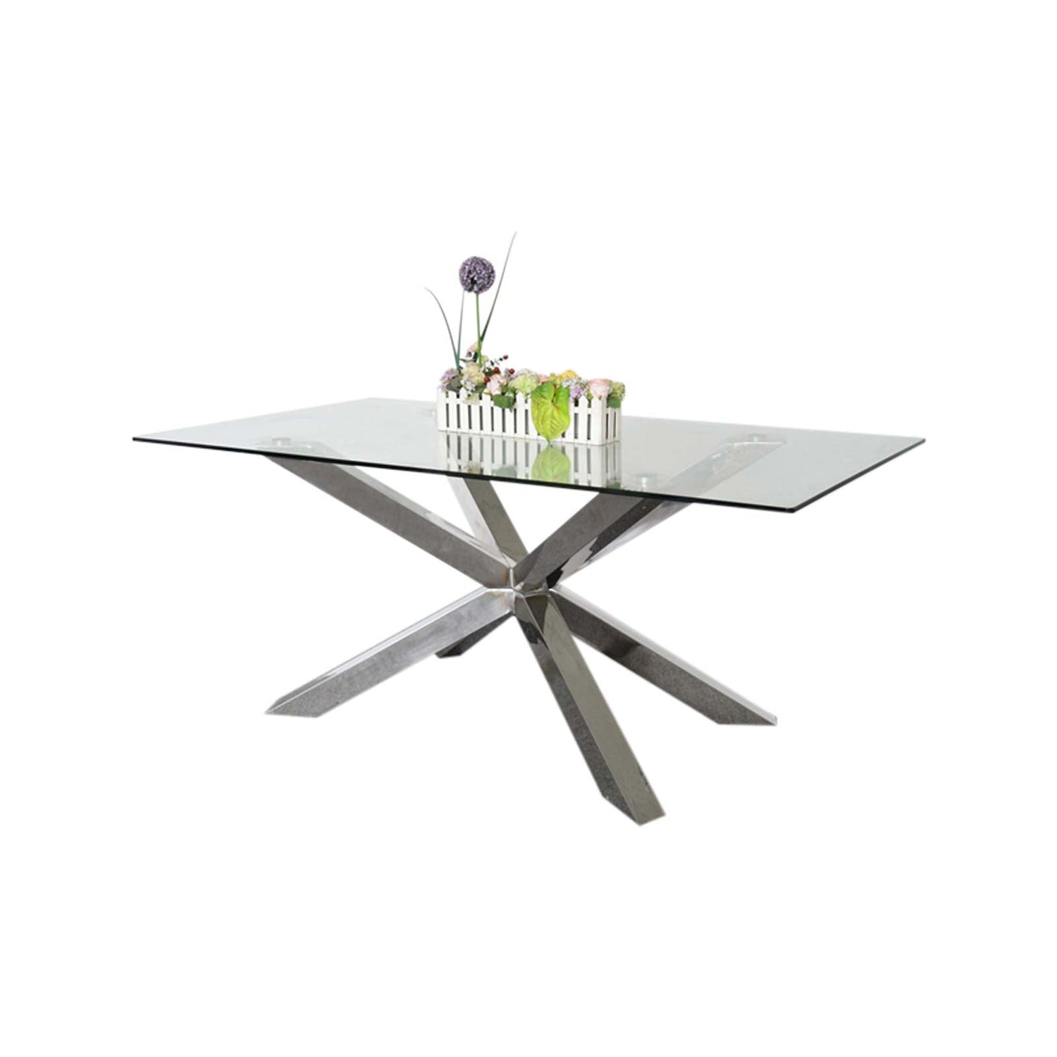 Jason Crisscross Shaped High Gloss Stainless Steel Finish Dining Table with Tempered Glass Top