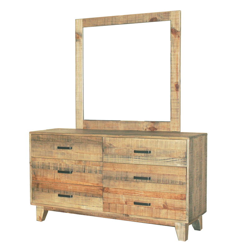 Woodland Dresser Solid Timber Light Brown 6 Drawers In Rustic Texture with Mirror