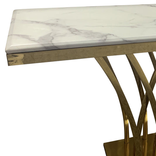 Diana Hall Table White Faux Marble Top and Spiral Stainless Gold Frame