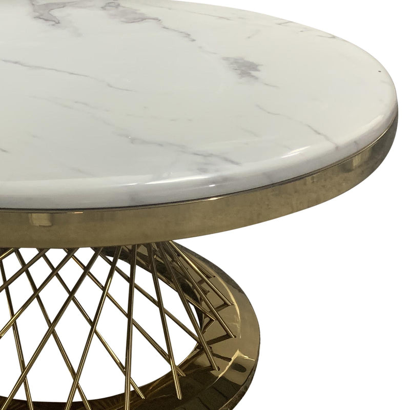 Diana Coffee Table Round Shape White Faux Marble Top Spiral Base Stainless Electroplating Titanium Gold