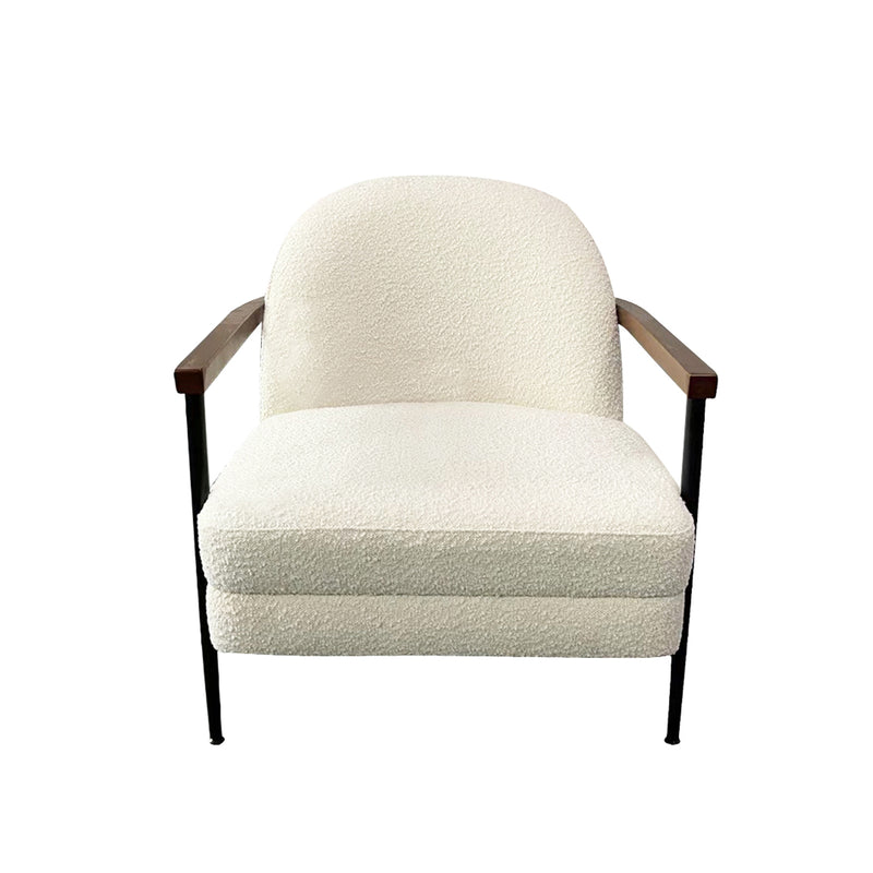 Denmark White Fabric Armchair with Wooden Arms & Black Metal Legs