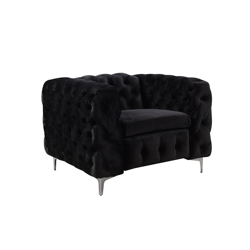 Jacques 1 Seater Sofa Button Tufted Velvet Fabric with Metal Legs in Black/Grey