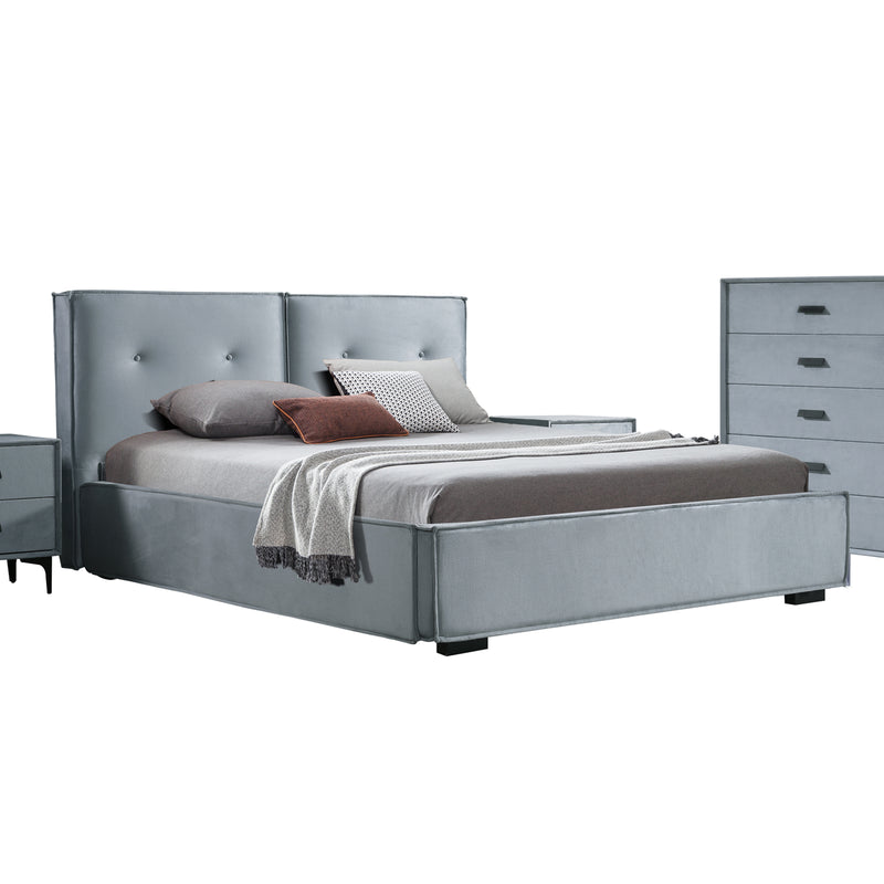 Estella Queen Bed Frame Fabric Upholstery KD Slat Grey Velvet Fabric Wooden Feet