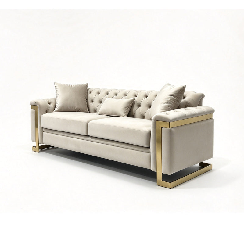 Juliette 3+1+1 Seater Velvet Sofa with Gold Trim – Beige