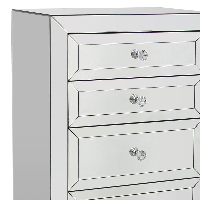 Camelia Tallboy MDF Silver Mirror Five Drawers Sparkling Handle