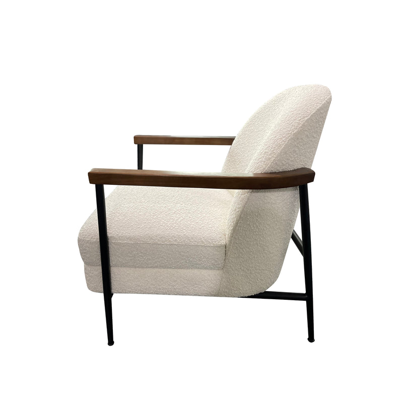 Denmark White Fabric Armchair with Wooden Arms & Black Metal Legs