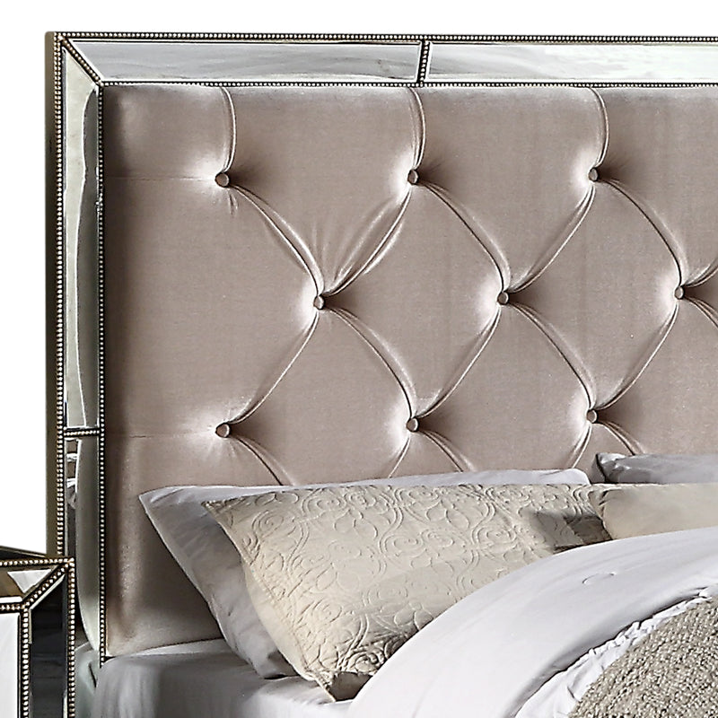 Germany Bedframe Velvet Upholstery Tufted Headboard Mirrored Work Deep Quilting in Beige Colour