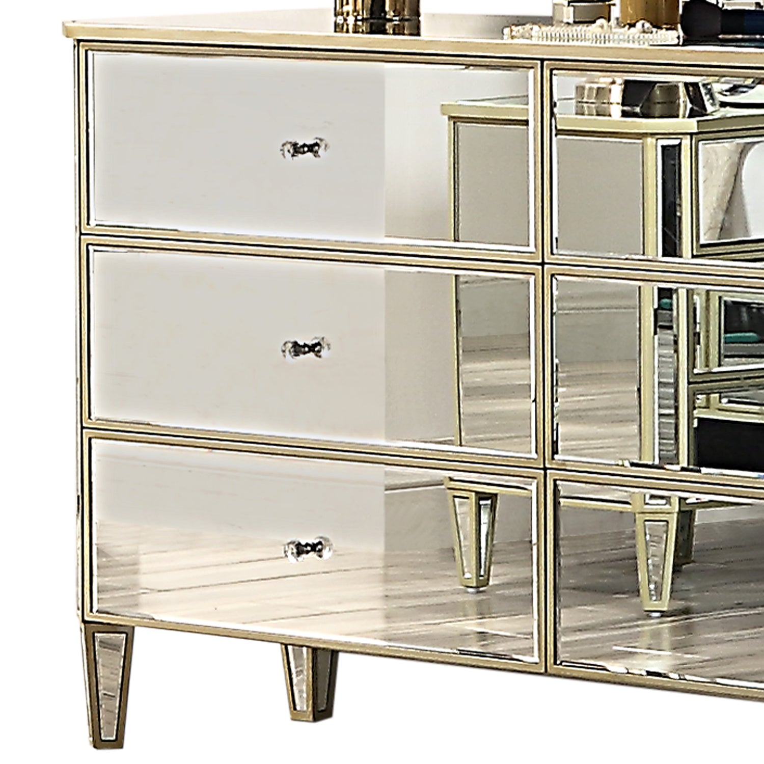 Antique Gold 6-Drawer Dresser with Mirrored Detailing Antique Gold 6-Drawer Dresser with Mirrored Detailing