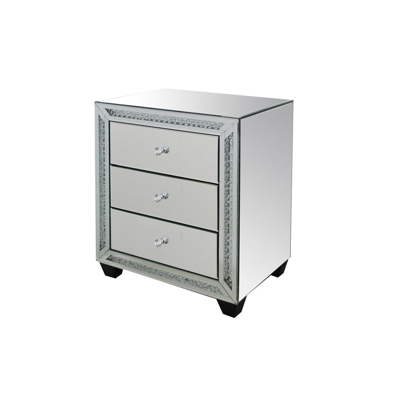 Aurora Bed Side Table Silver Colour MDF Mirror Crystal Beads 3 Drawers Round Handles