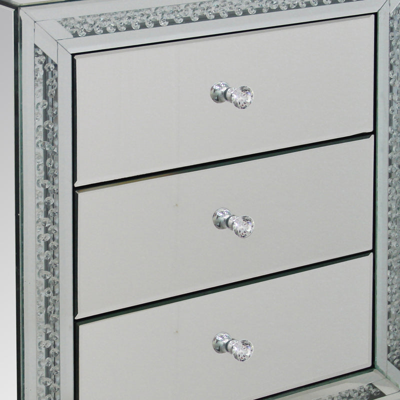 Aurora Bed Side Table Silver Colour MDF Mirror Crystal Beads 3 Drawers Round Handles