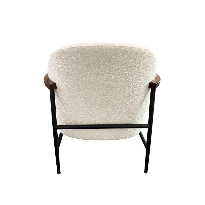 Denmark White Fabric Armchair with Wooden Arms & Black Metal Legs