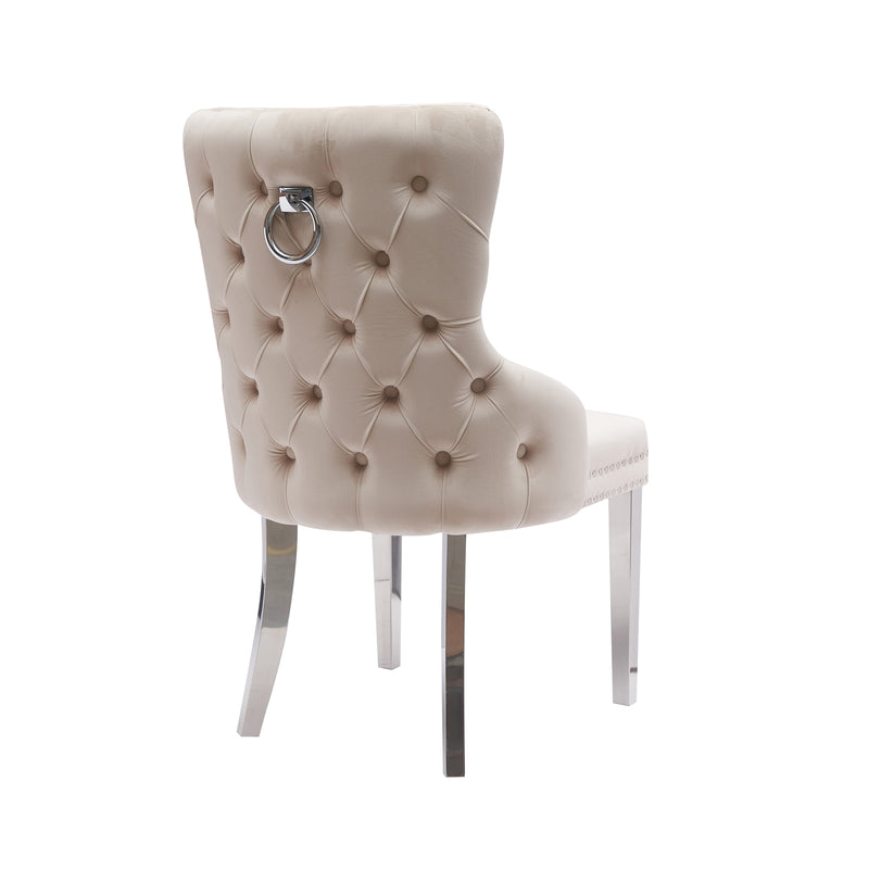 Lyon 2x Beige Velvet Dining Chairs Button Studded, Ring Back & Stainless Steel Legs