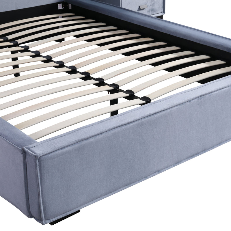 Estella Queen Bed Frame Fabric Upholstery KD Slat Grey Velvet Fabric Wooden Feet