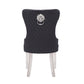 Victoria 2x Dining Chair Black Velvet Upholstery Button Studding Deep Quilting Wooden Frame Back with Lion Ring and Nail Stainless Steel Legs