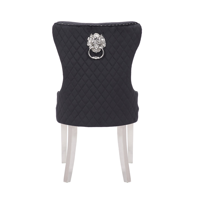 Victoria 2x Dining Chair Black Velvet Upholstery Button Studding Deep Quilting Wooden Frame Back with Lion Ring and Nail Stainless Steel Legs