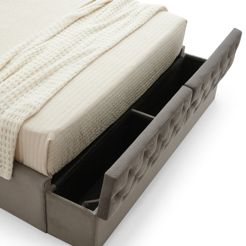 Helena Multiple Sizes Bed Frame Fabric Upholstery Tufted Headboard Slats Storage