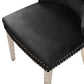 Victoria 2x Dining Chair Black Velvet Upholstery Button Studding Deep Quilting Wooden Frame Back with Lion Ring and Nail Stainless Steel Legs