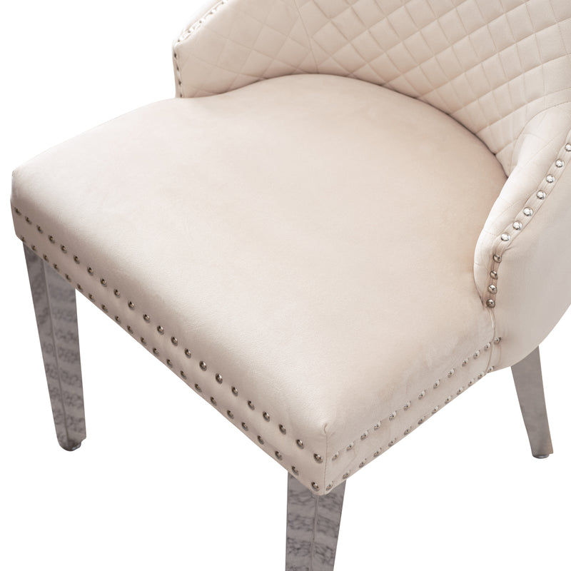 Lyon 2x Beige Velvet Dining Chairs Button Studded, Ring Back & Stainless Steel Legs