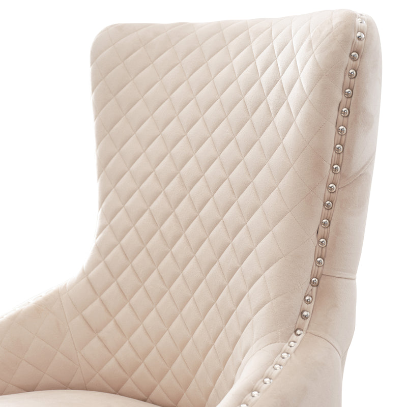 Lyon 2x Beige Velvet Dining Chairs Button Studded, Ring Back & Stainless Steel Legs