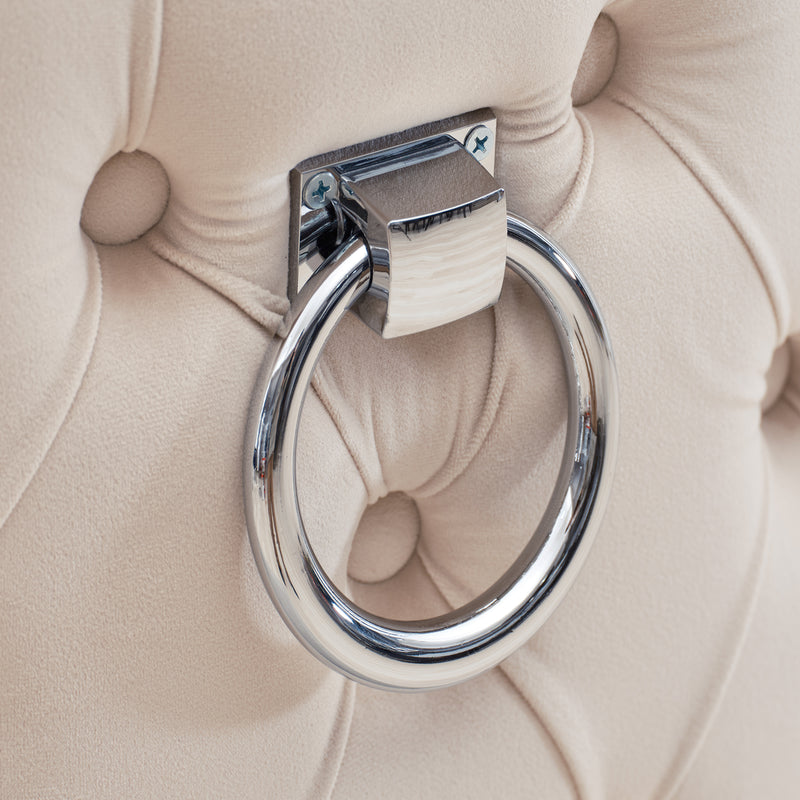 Lyon 2x Beige Velvet Dining Chairs Button Studded, Ring Back & Stainless Steel Legs