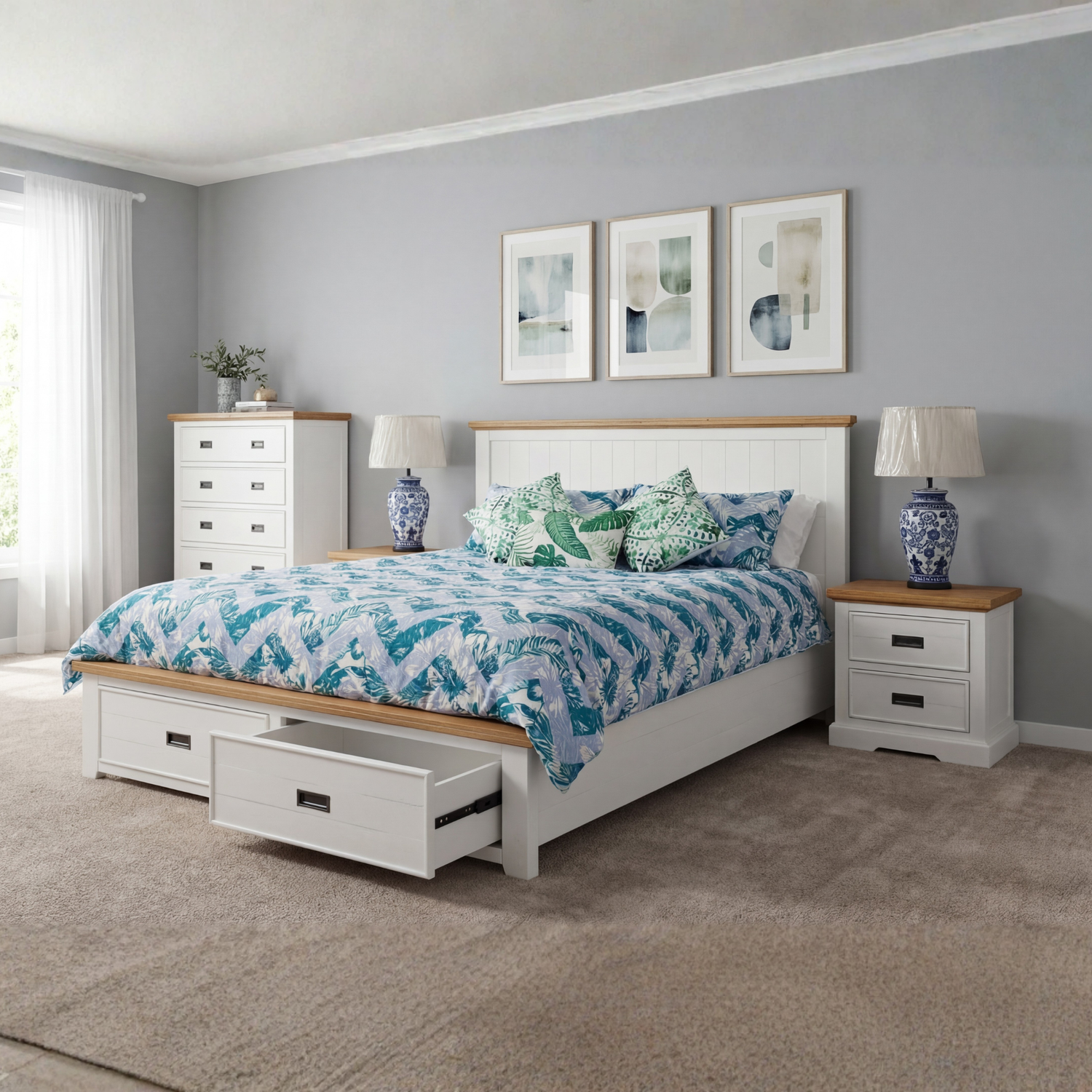 Marley Bookend Headboard Bedroom Suite – 4 or 5 Piece Set with Storage Drawers