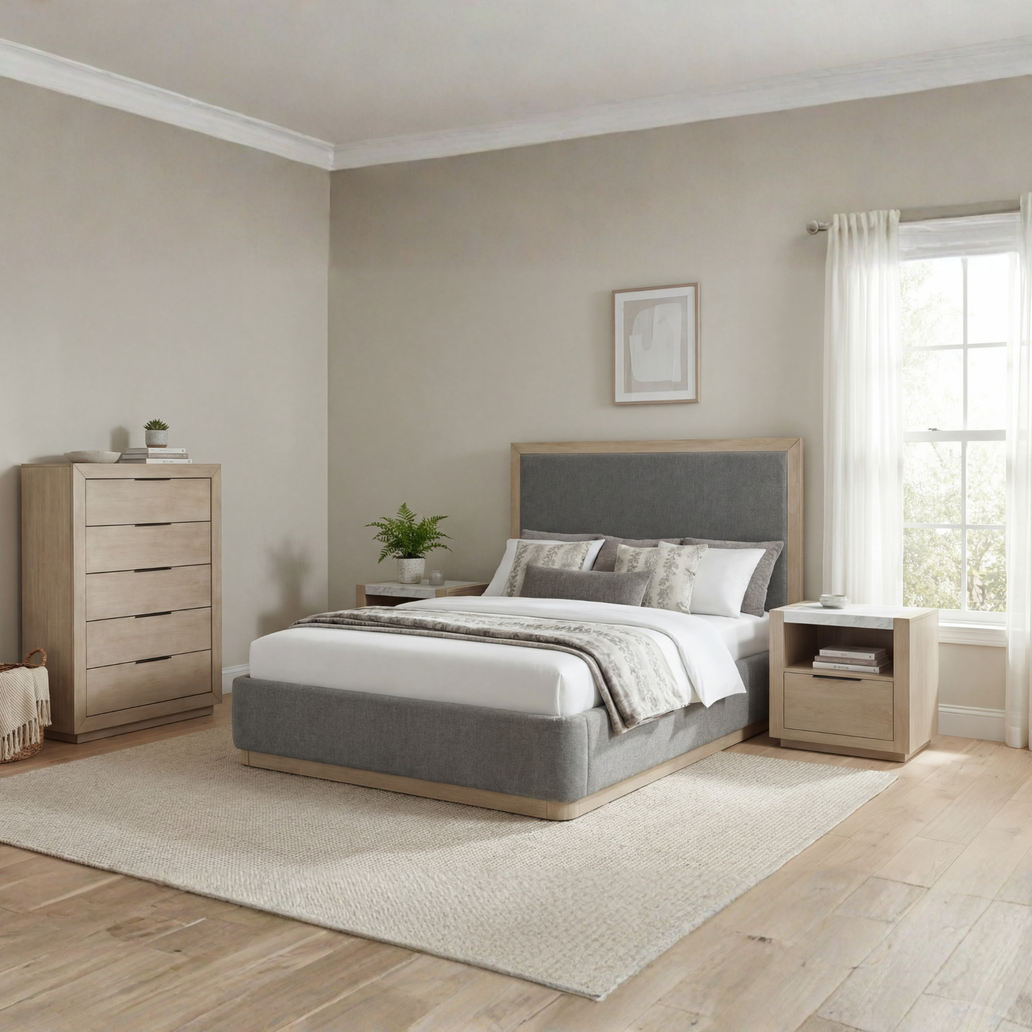 Savannah Light Grey Colour MDF Fabric Upholstery  5/4 Pcs Bedroom Suite