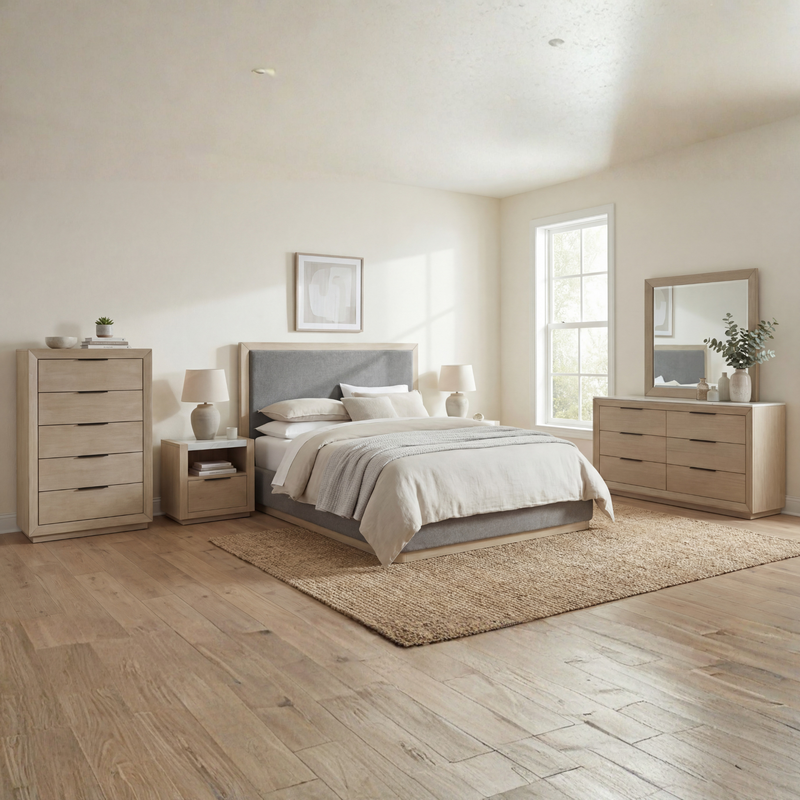 Savannah Light Grey Colour MDF Fabric Upholstery  5/4 Pcs Bedroom Suite