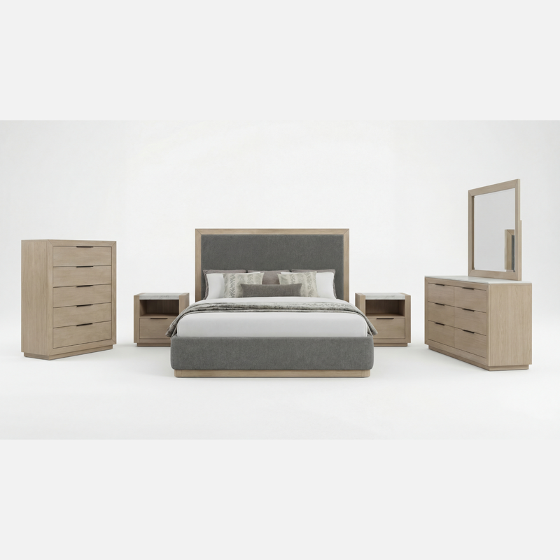 Savannah Light Grey Colour MDF Fabric Upholstery  5/4 Pcs Bedroom Suite