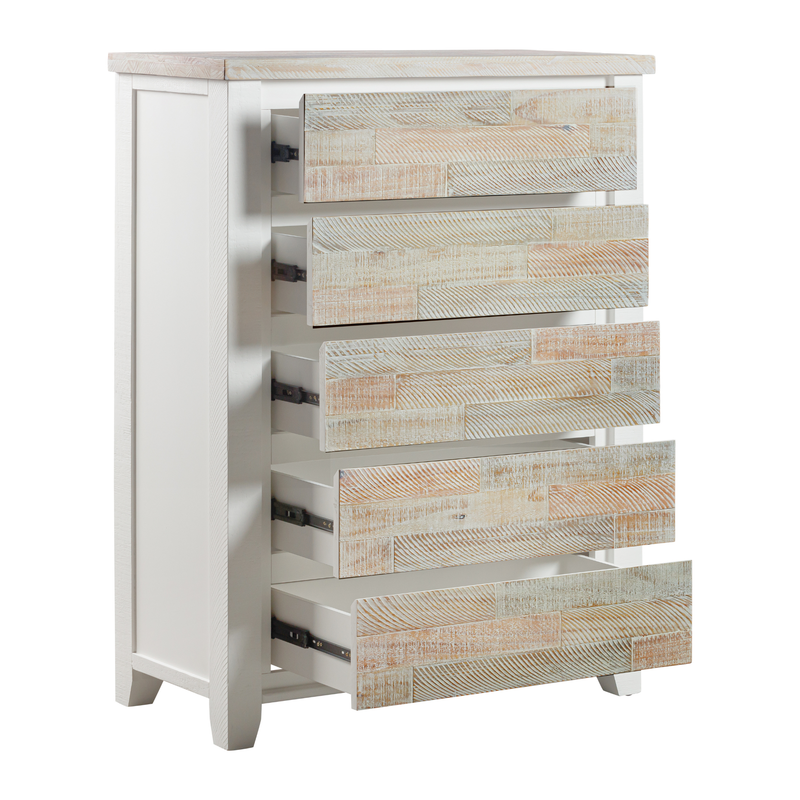 Valencia Solid Pine Timber Tallboy Coastal Grey and Miami White Colour Five Drawers