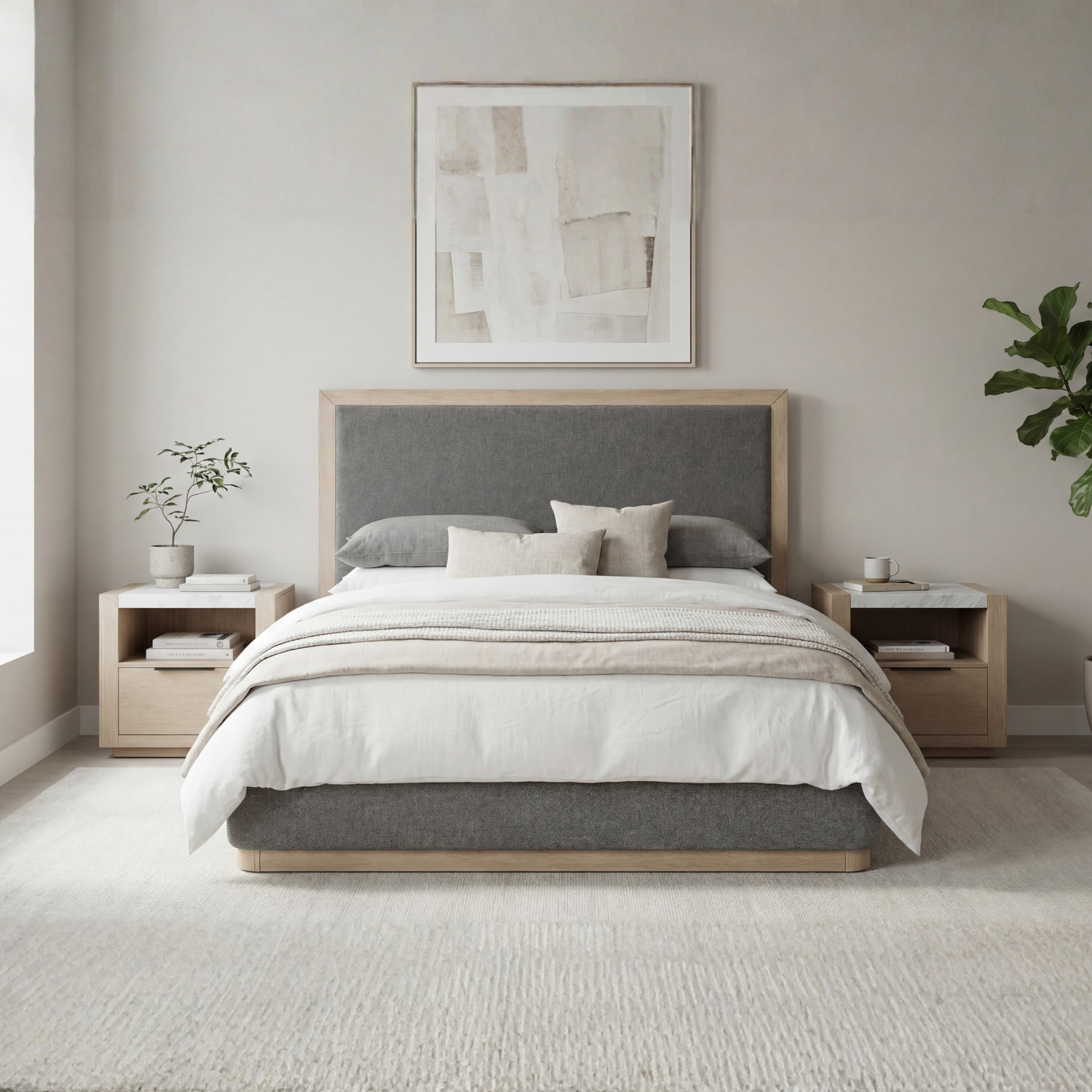 Savannah Oak Color Solid Rubber Wood Bed with Fabric Upholstered Headboard