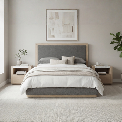 Savannah Oak Color Solid Rubber Wood Bed with Fabric Upholstered Headboard