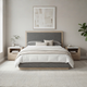 Savannah Oak Color Solid Rubber Wood Bed with Fabric Upholstered Headboard