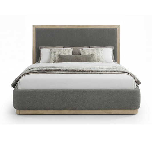Savannah Oak Color Solid Rubber Wood Bed with Fabric Upholstered Headboard