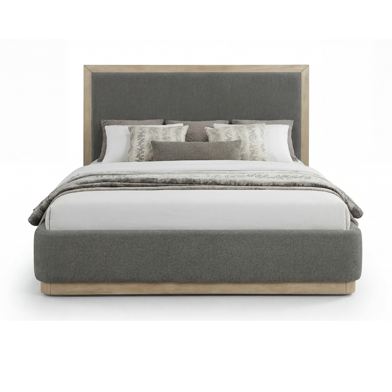 Savannah Oak Color Solid Rubber Wood Bed with Fabric Upholstered Headboard