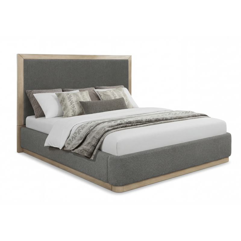 Savannah Oak Color Solid Rubber Wood Bed with Fabric Upholstered Headboard
