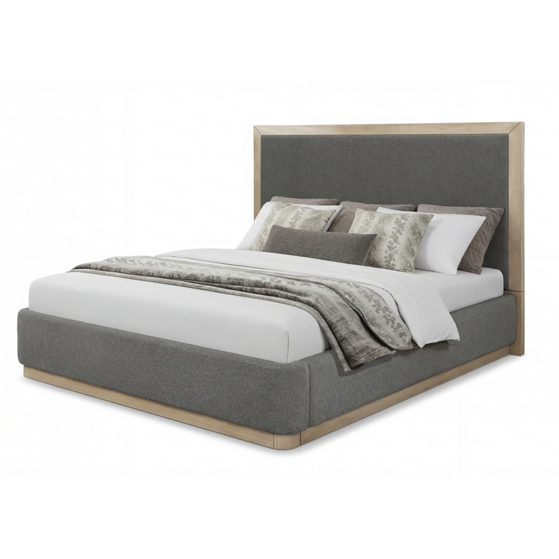 Savannah Oak Color Solid Rubber Wood Bed with Fabric Upholstered Headboard