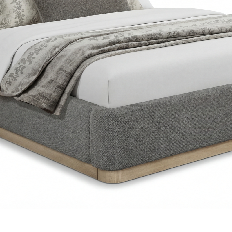 Savannah Oak Color Solid Rubber Wood Bed with Fabric Upholstered Headboard