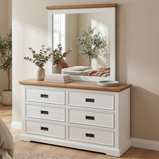 Marley Pine Wood 6 Drawer Dresser with Mirror