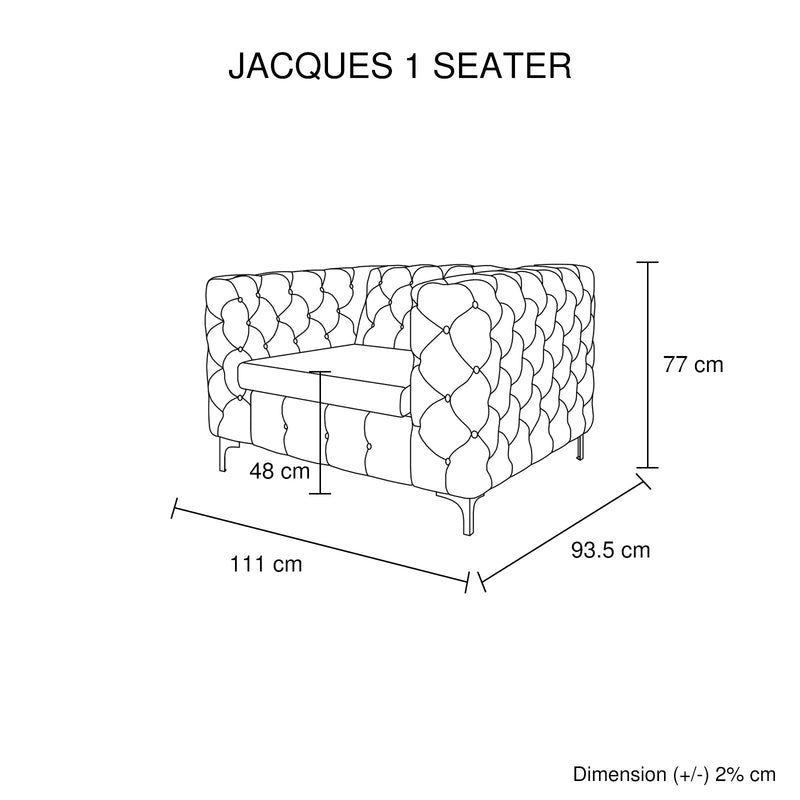 Jacques 1 Seater Sofa Button Tufted Velvet Fabric with Metal Legs in Black/Grey