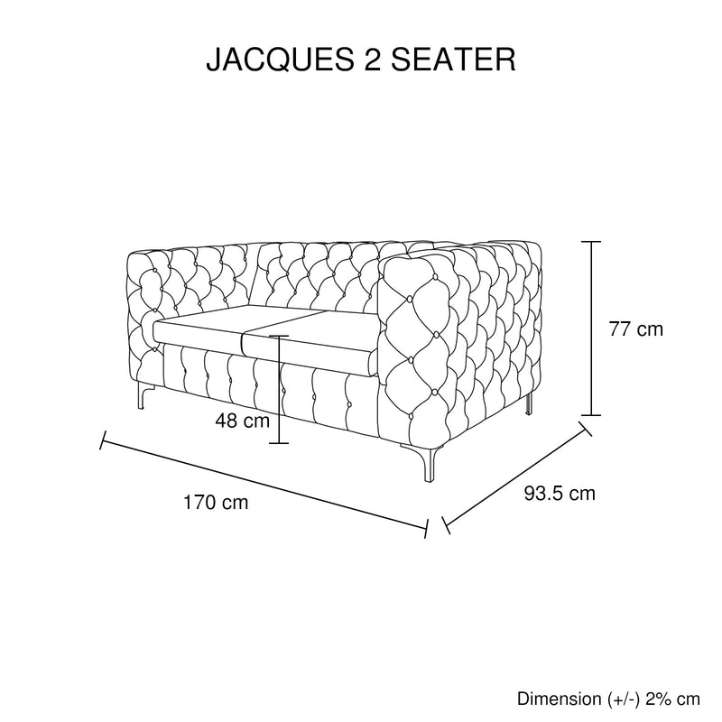 Jacques 2 Seater Sofa Button Tufted Velvet Fabric with Metal Legs in Black/Grey