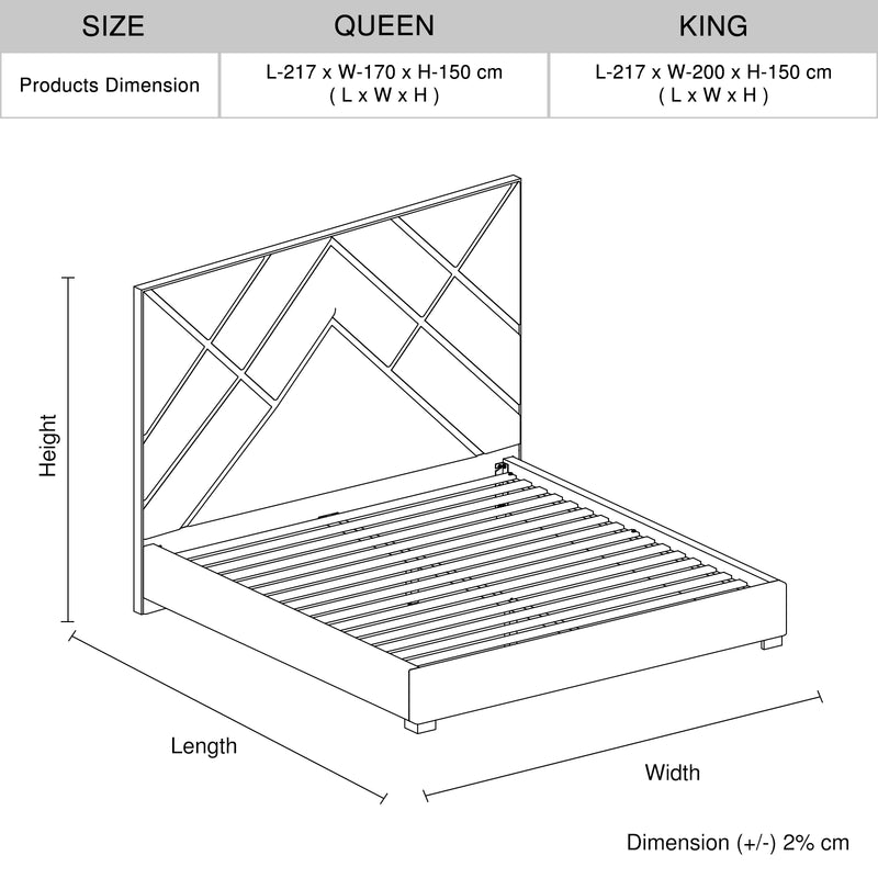 Matrix Bed Frame Fabric Padded Upholstery High Quality Slats Polished Stainless Steel Feet
