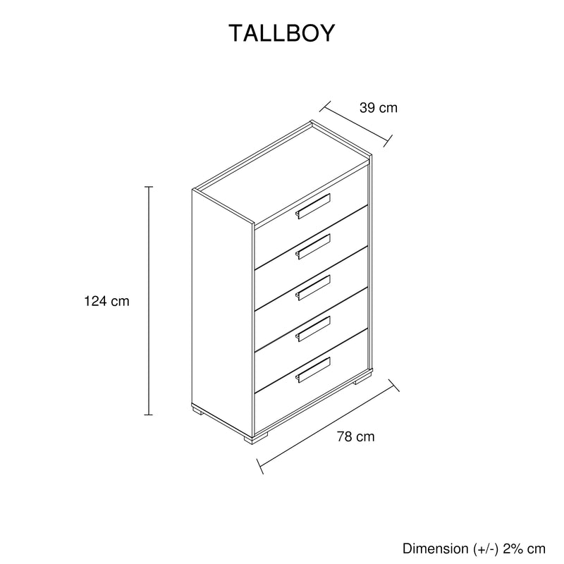 Copper Tallboy MDF Particle Board Five Drawers Metal Handles Plastic Legs