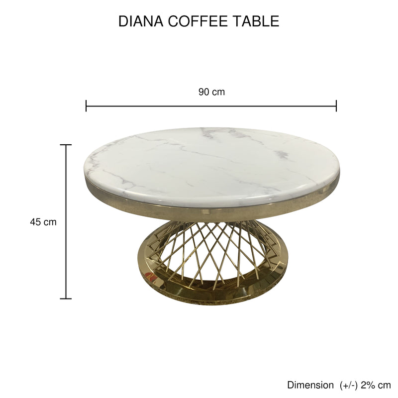 Diana Coffee Table Round Shape White Faux Marble Top Spiral Base Stainless Electroplating Titanium Gold