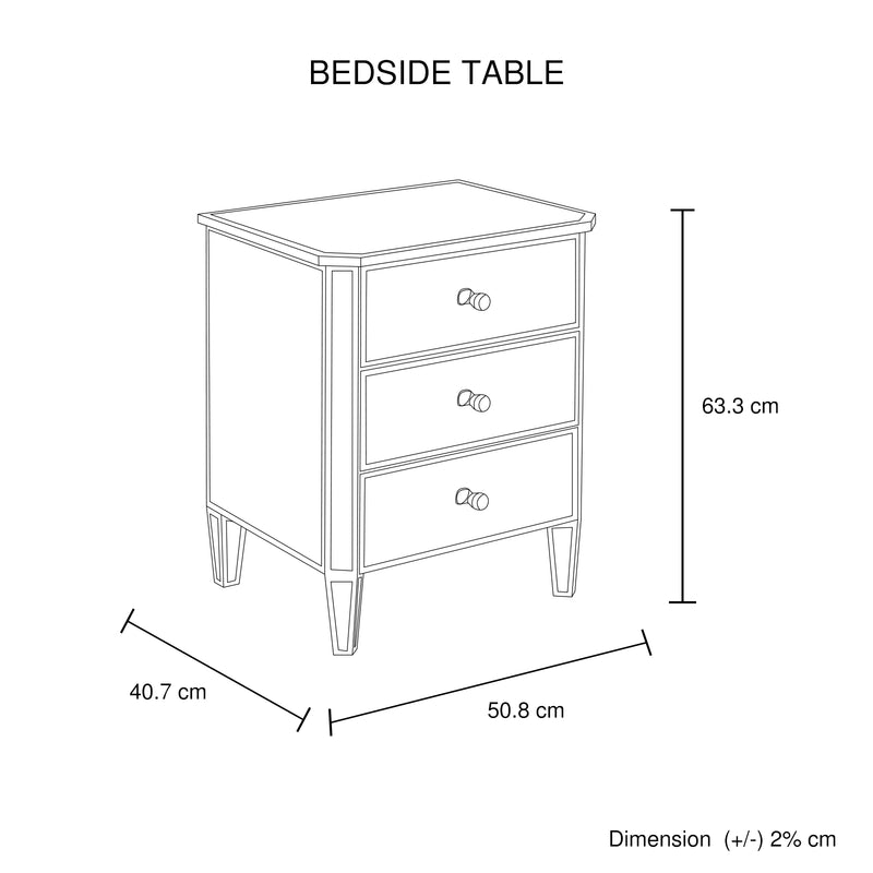 Antique 3 Drawers Mirrored Work Bedside Table with Golden Border