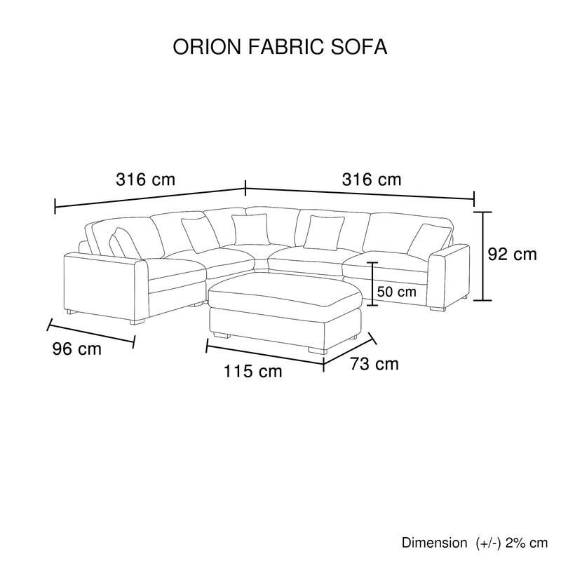 Orion Large Corner Sofa Premium Polyester Upholstery Fluffy Padded Seat Wooden Frame Rubber Wooden Legs Ottoman