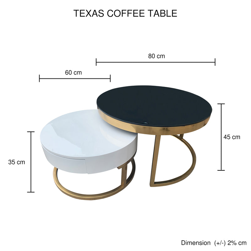 Texas Coffee Table Tempered Glass Storage Drawer Metal Base Stainless