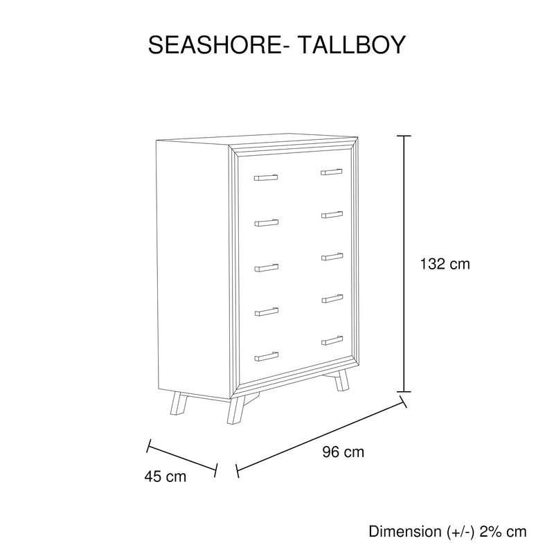 Seashore 5 Drawers Tallboy in Solid Acacia Timber with Silver Brush Colour